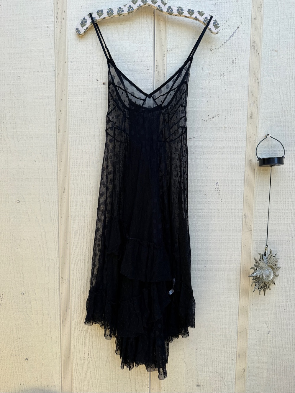 Rare Intimately Free People Black Swiss Dot Mesh Slip Dress Sheer Ruffle Boho